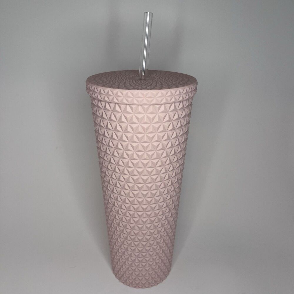 Pink Tumbler Cup W/ Lid & Straw Textured Geometric Reusable Drink Cup